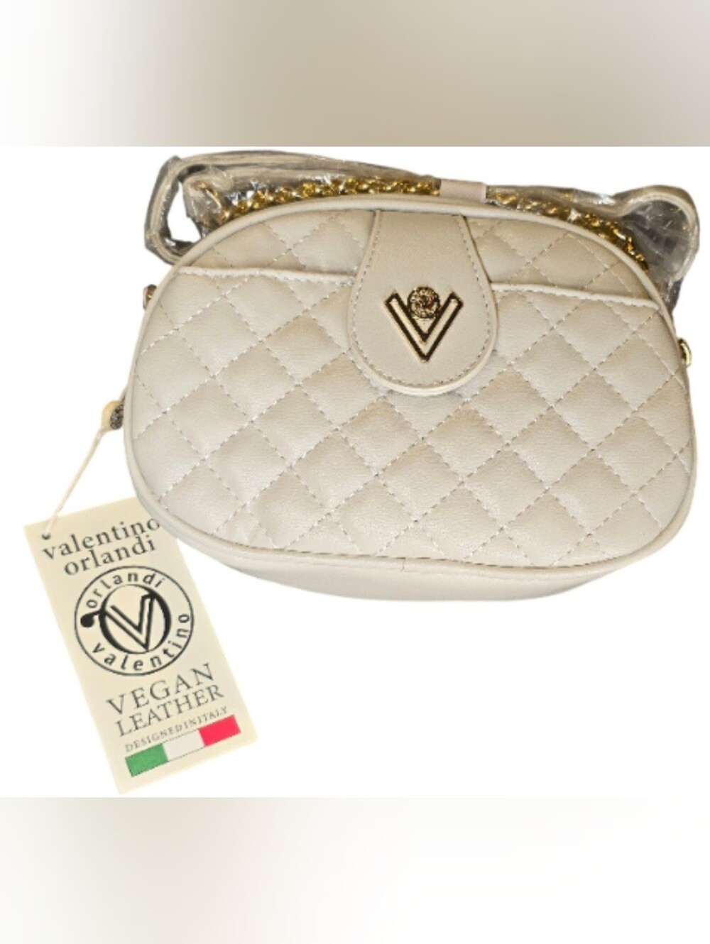Valentino Quilted Light Gray Crossbody Bag with Gold V Emblem